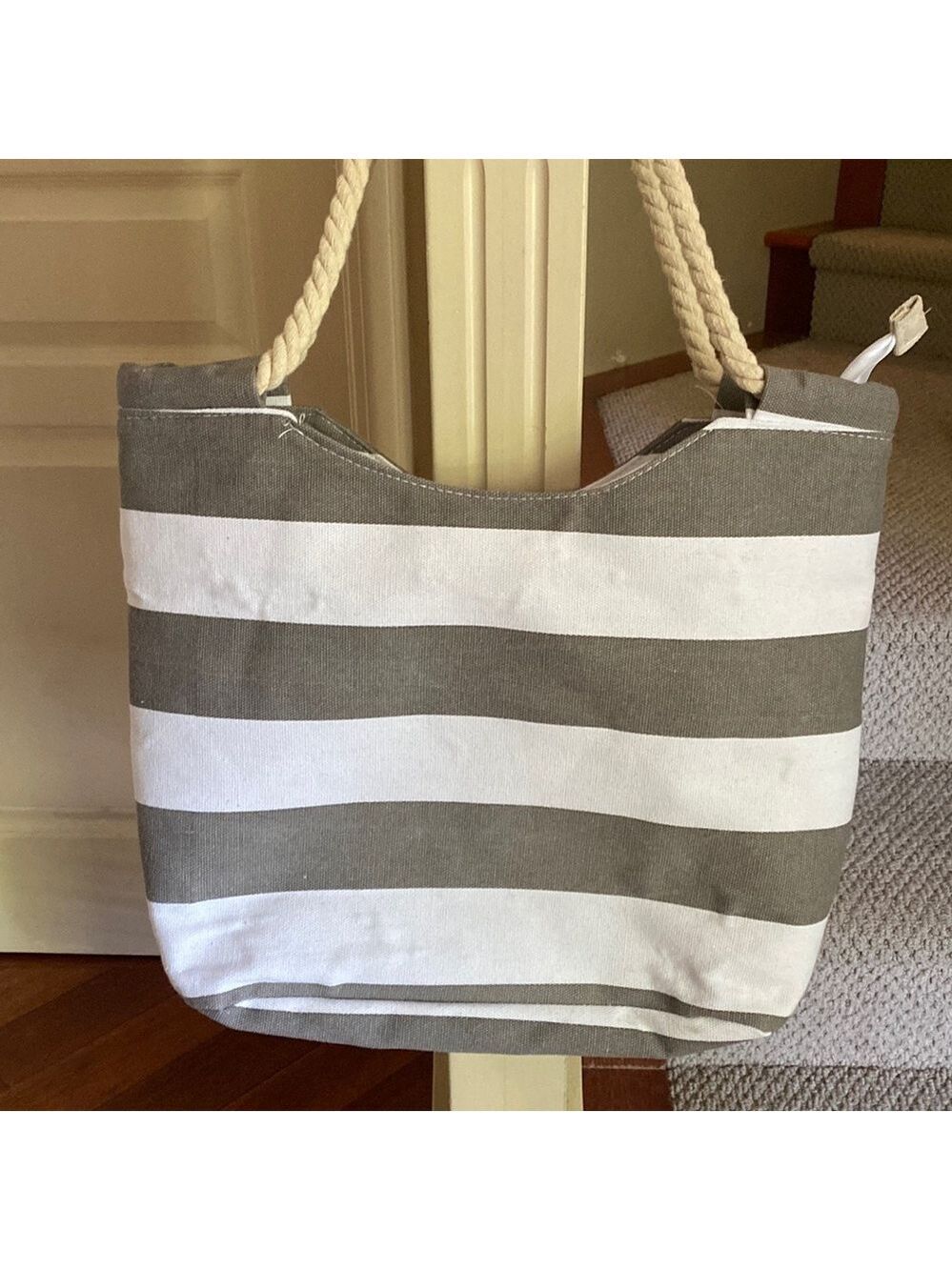 NEW Grey striped Tote Bag with Rope Handles